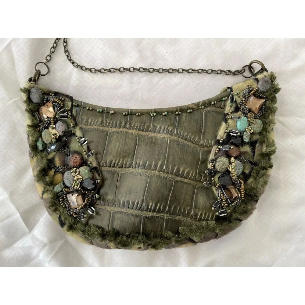 MARY FRANCES Green Leather Croc Highly Embellished Faux Fur Hobo Shoulder Bag